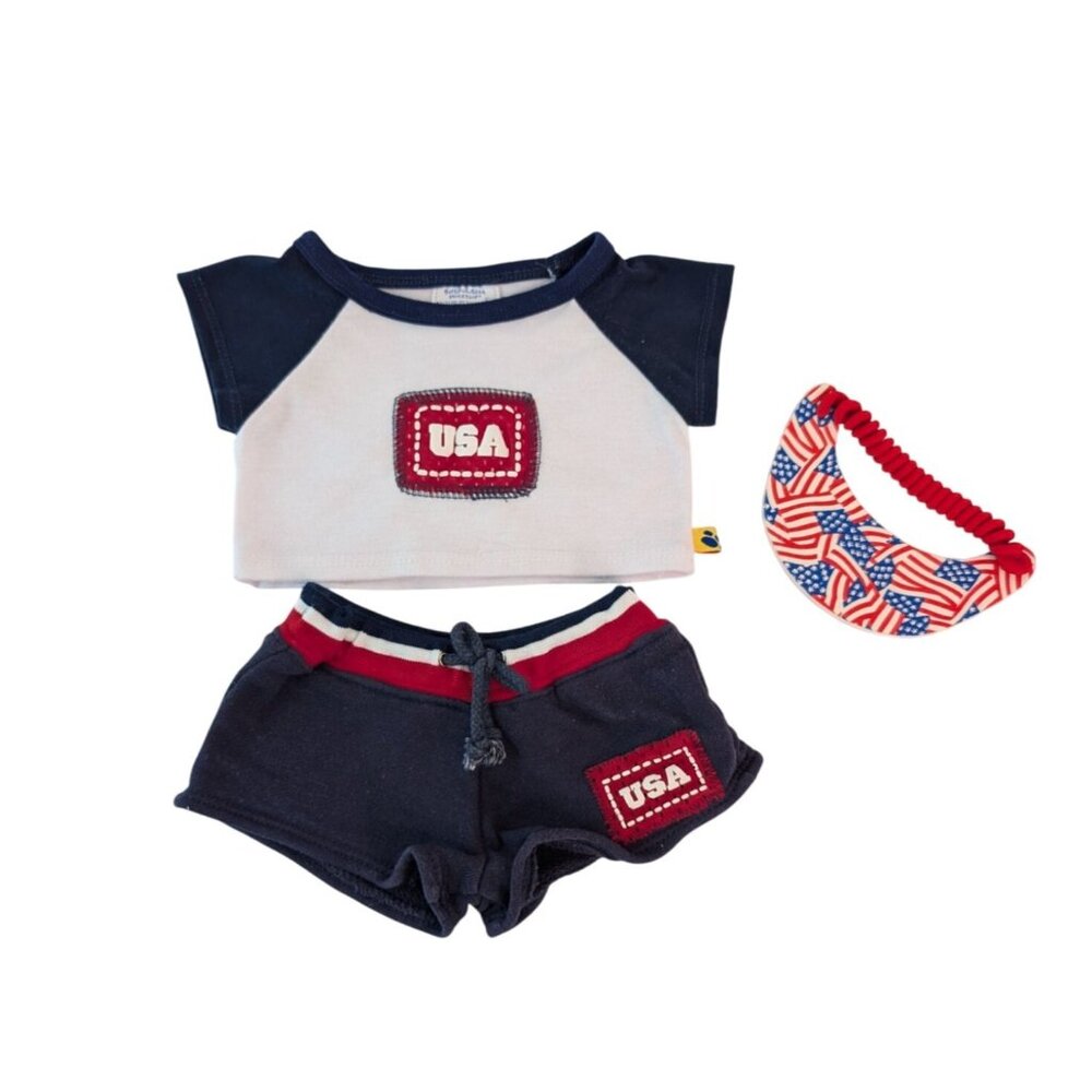 Build-A-Bear Clothes USA Outfit Shirt Shorts & Visor Americana Red White‎ Blue